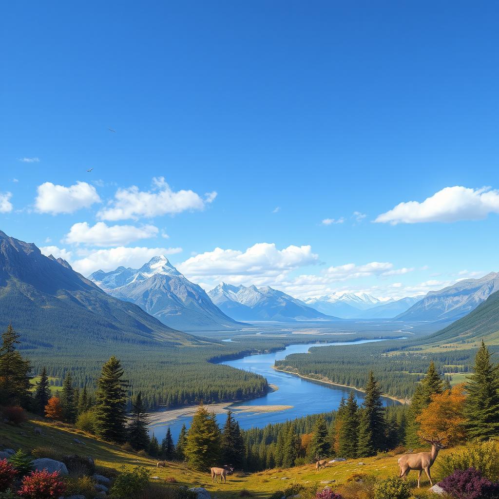 A beautiful landscape with mountains, rivers, and forests under a clear blue sky