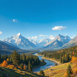 A beautiful landscape with mountains, rivers, and forests under a clear blue sky