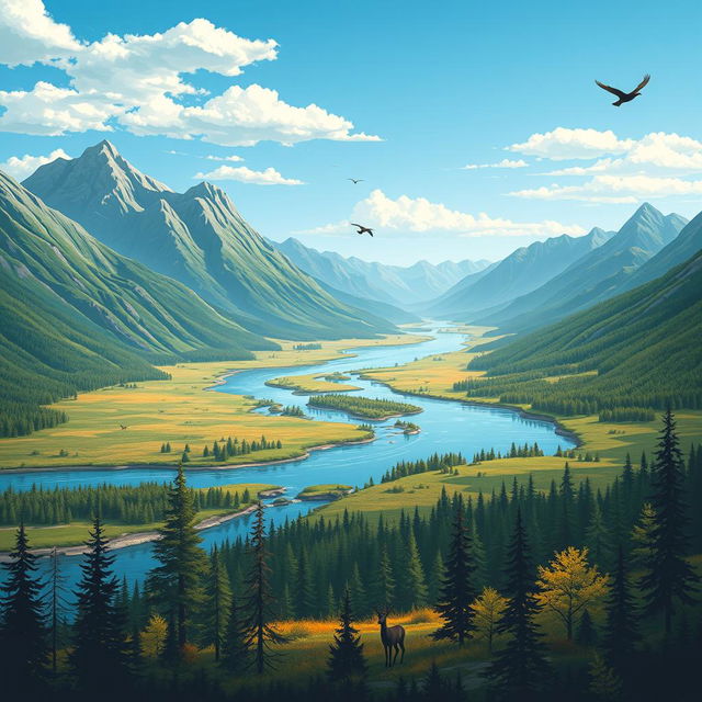 A beautiful landscape with mountains, rivers, and forests under a clear blue sky