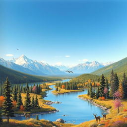 A beautiful landscape with mountains, rivers, and forests under a clear blue sky