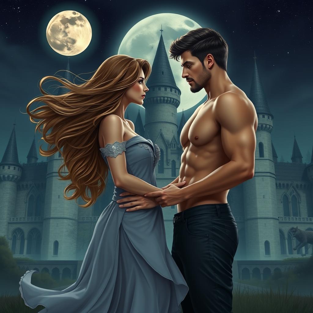 An attractive woman with flowing hair and an elegant dress stands in front of a castle with an attractive shirtless man