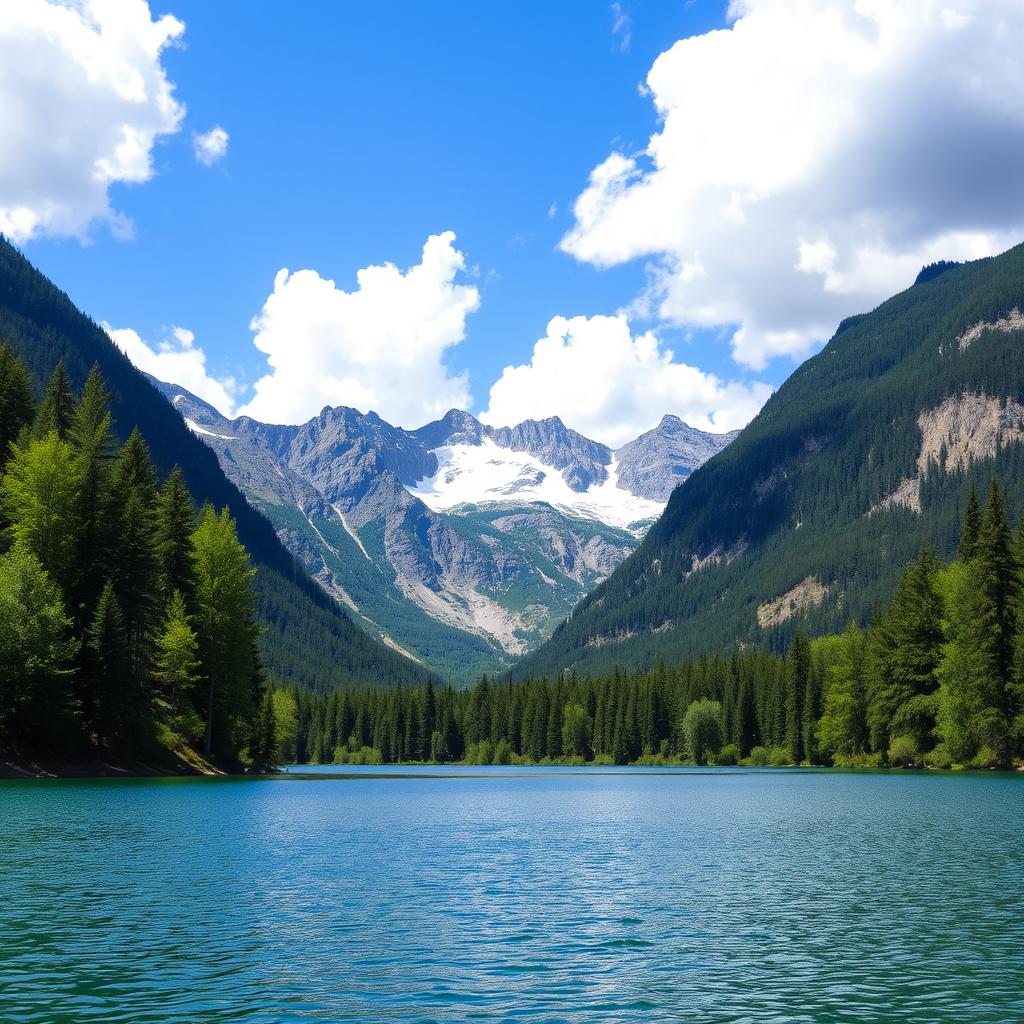 A beautiful landscape featuring a serene lake surrounded by lush green trees and majestic mountains in the background under a clear blue sky with fluffy white clouds