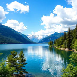 A beautiful landscape featuring a serene lake surrounded by lush green trees and majestic mountains in the background under a clear blue sky with fluffy white clouds