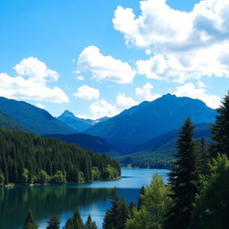 A beautiful landscape featuring a serene lake surrounded by lush green trees and majestic mountains in the background under a clear blue sky with fluffy white clouds