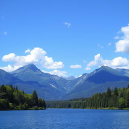 A beautiful landscape featuring a serene lake surrounded by lush green trees and majestic mountains in the background under a clear blue sky with fluffy white clouds