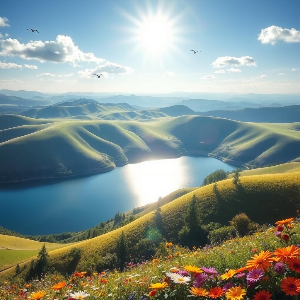 A beautiful landscape with rolling hills, a clear blue sky, and a bright sun shining down