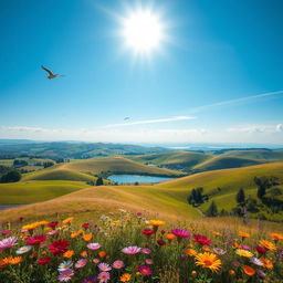 A beautiful landscape with rolling hills, a clear blue sky, and a bright sun shining down