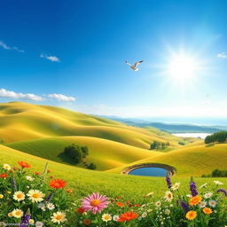 A beautiful landscape with rolling hills, a clear blue sky, and a bright sun shining down