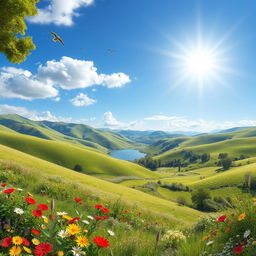 A beautiful landscape with rolling hills, a clear blue sky, and a bright sun shining down