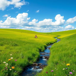 A serene landscape featuring a lush green meadow, a clear blue sky with fluffy white clouds, and a gentle stream flowing through the scene