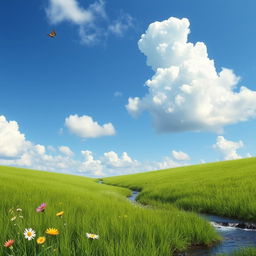 A serene landscape featuring a lush green meadow, a clear blue sky with fluffy white clouds, and a gentle stream flowing through the scene