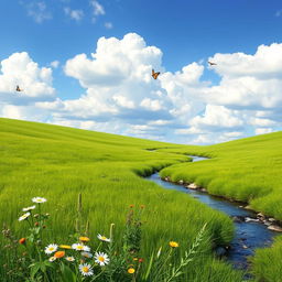 A serene landscape featuring a lush green meadow, a clear blue sky with fluffy white clouds, and a gentle stream flowing through the scene