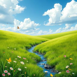 A serene landscape featuring a lush green meadow, a clear blue sky with fluffy white clouds, and a gentle stream flowing through the scene