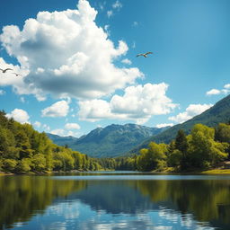 A beautiful landscape featuring a serene lake surrounded by lush green trees and mountains in the background under a clear blue sky with fluffy white clouds