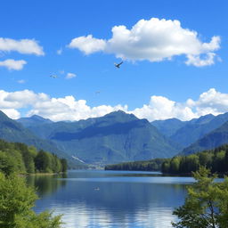 A beautiful landscape featuring a serene lake surrounded by lush green trees and mountains in the background under a clear blue sky with fluffy white clouds