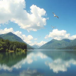 A beautiful landscape featuring a serene lake surrounded by lush green trees and mountains in the background under a clear blue sky with fluffy white clouds