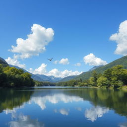 A beautiful landscape featuring a serene lake surrounded by lush green trees and mountains in the background under a clear blue sky with fluffy white clouds