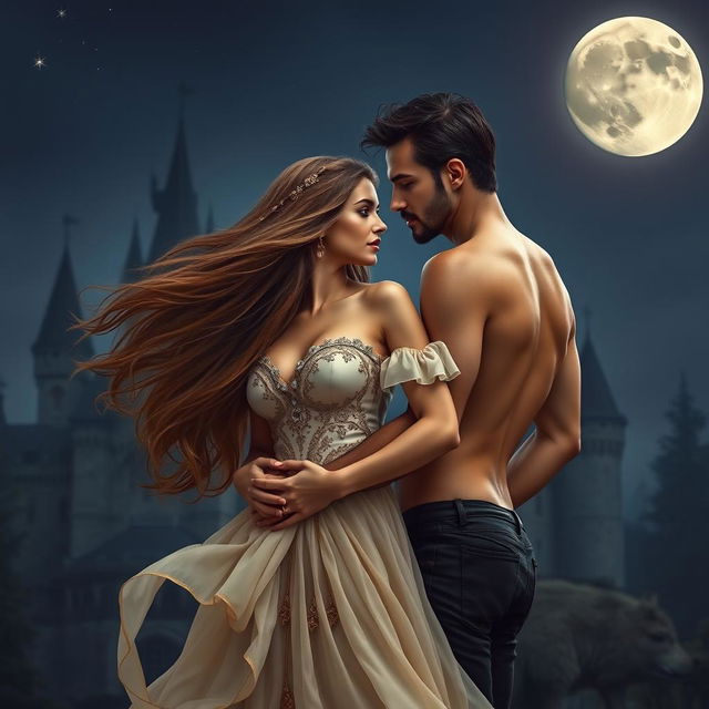 An attractive woman with flowing hair and an elegant dress stands in front of a castle with an attractive shirtless man holding her from the back