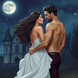 An attractive woman with flowing hair and an elegant dress stands in front of a castle with an attractive shirtless man holding her from the back