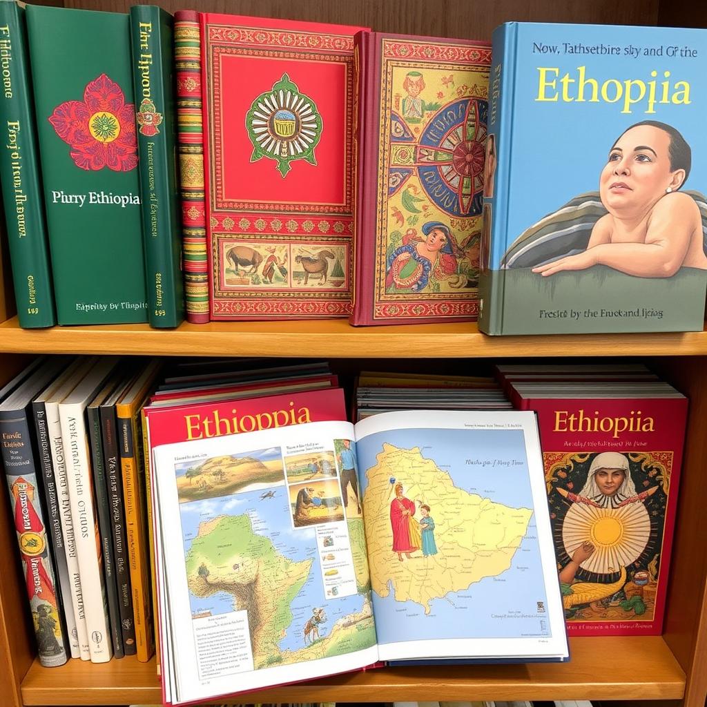 A collection of books about Ethiopia, showcasing vibrant covers with traditional Ethiopian art and patterns