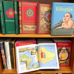 A collection of books about Ethiopia, showcasing vibrant covers with traditional Ethiopian art and patterns