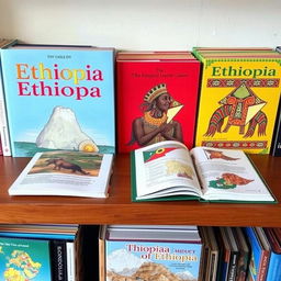 A collection of books about Ethiopia, showcasing vibrant covers with traditional Ethiopian art and patterns