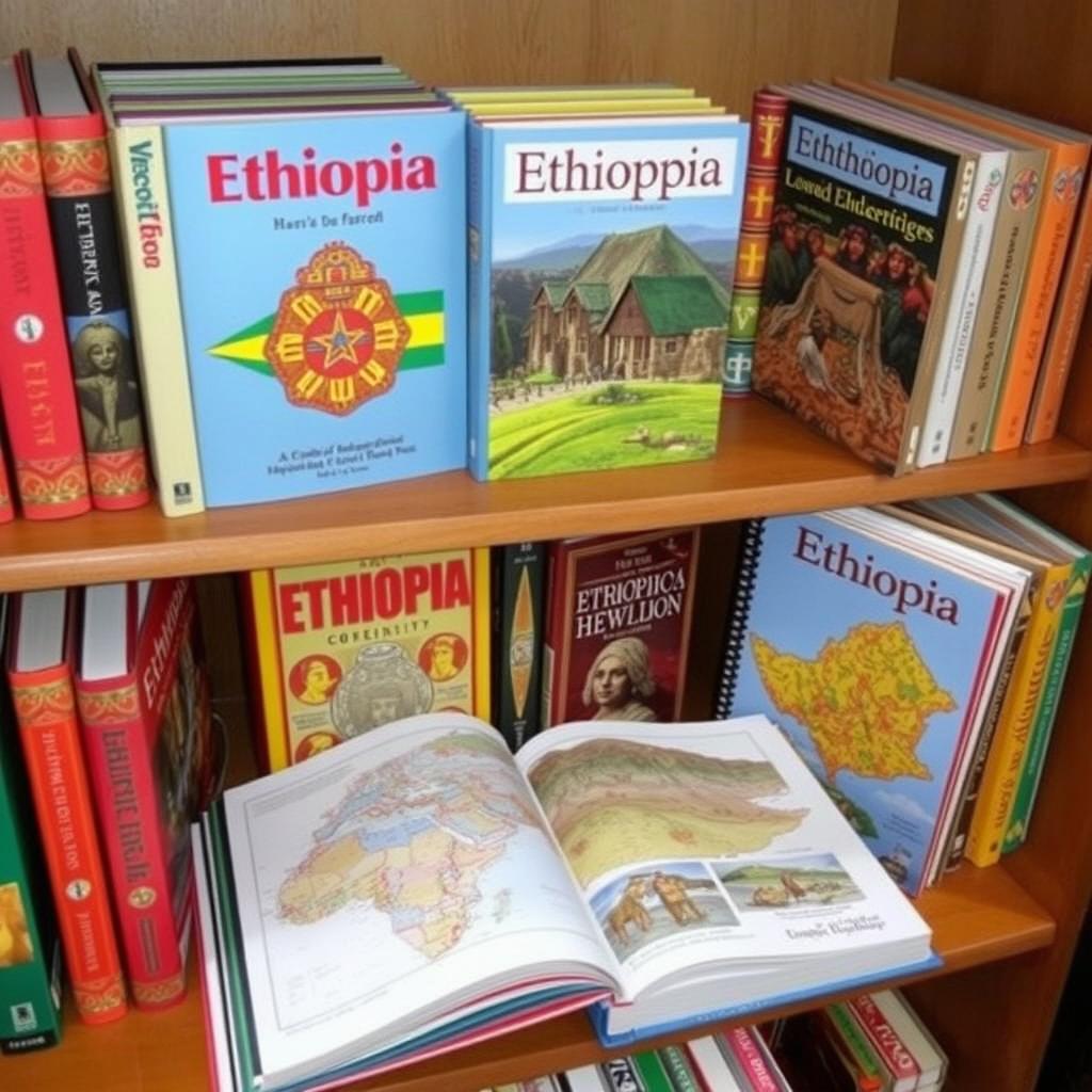 A collection of books about Ethiopia, showcasing vibrant covers with traditional Ethiopian art and patterns