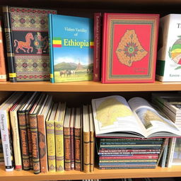 A collection of books about Ethiopia, showcasing vibrant covers with traditional Ethiopian art and patterns