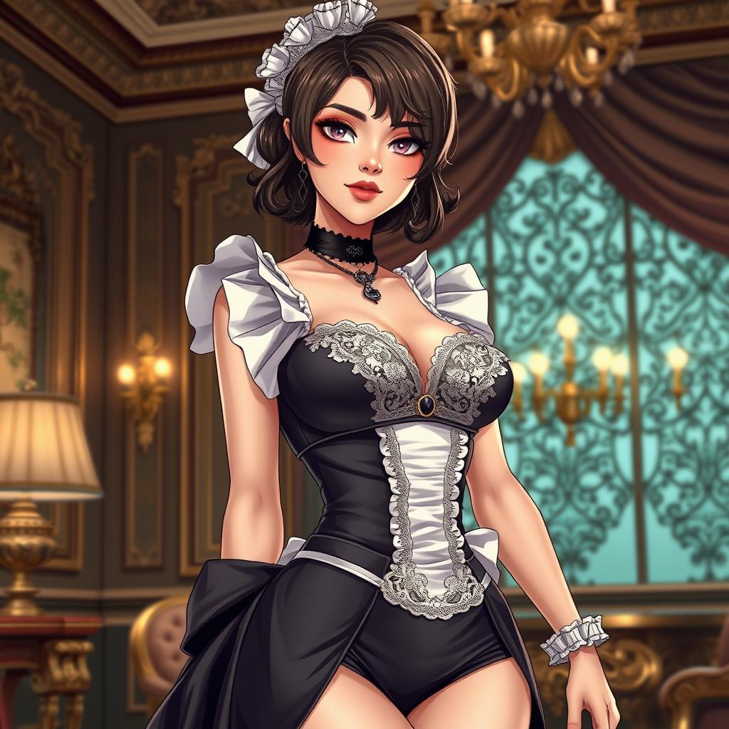 A detailed illustration of a maid in a stylish, slightly provocative outfit