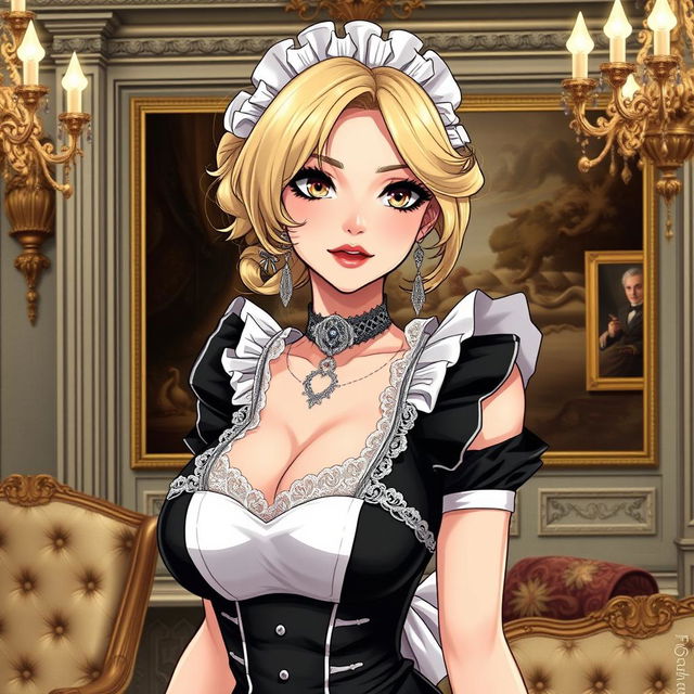 A detailed illustration of a maid in a stylish, slightly provocative outfit