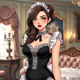 A detailed illustration of a maid in a stylish, slightly provocative outfit