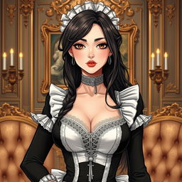 A detailed illustration of a maid in a stylish, slightly provocative outfit