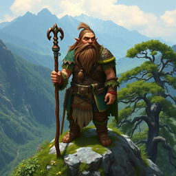 A druid dwarf standing majestically on a mountain peak, surrounded by lush greenery and ancient trees