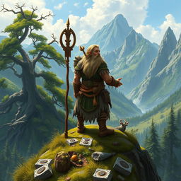 A druid dwarf standing majestically on a mountain peak, surrounded by lush greenery and ancient trees