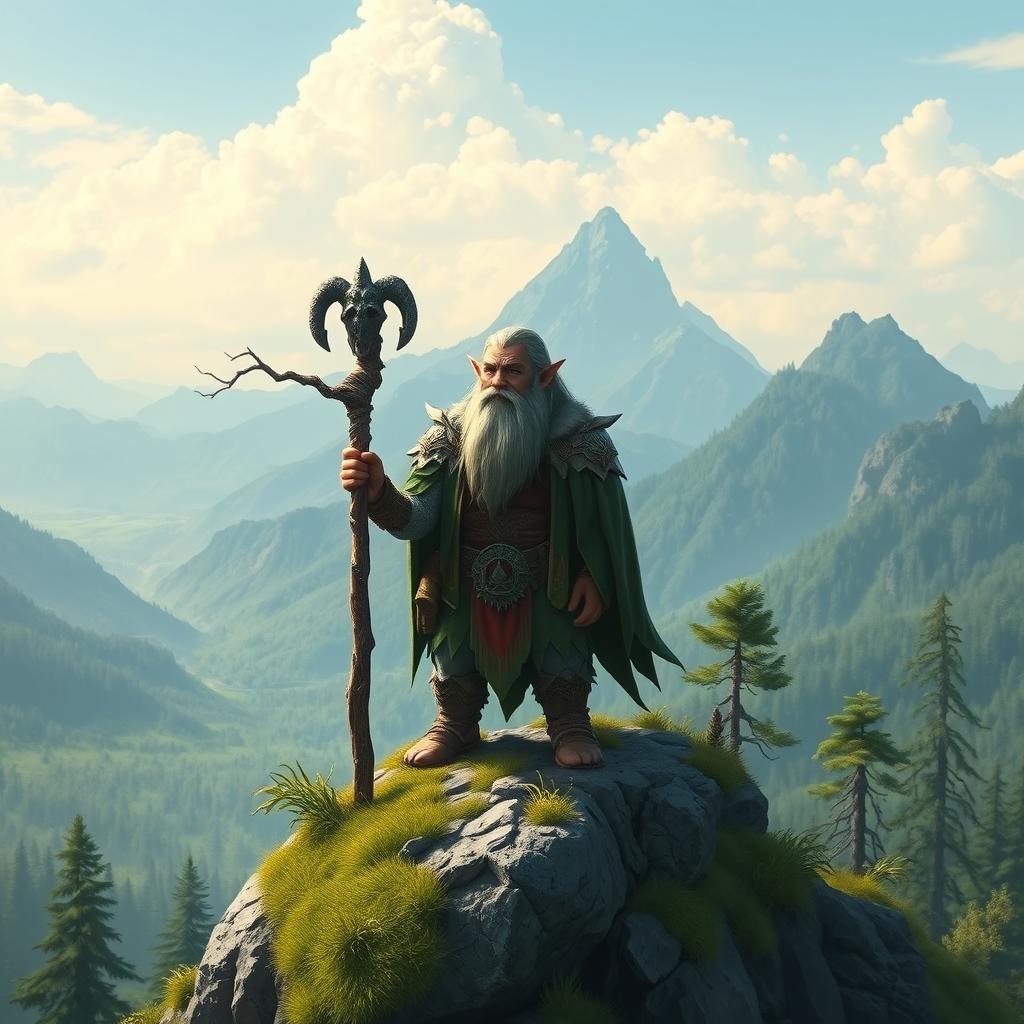 A druid dwarf standing majestically on a mountain peak, surrounded by lush greenery and ancient trees