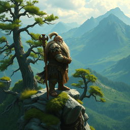 A druid dwarf standing majestically on a mountain peak, surrounded by lush greenery and ancient trees