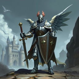 An aarakocra clad in knight armor, wielding a sword and shield