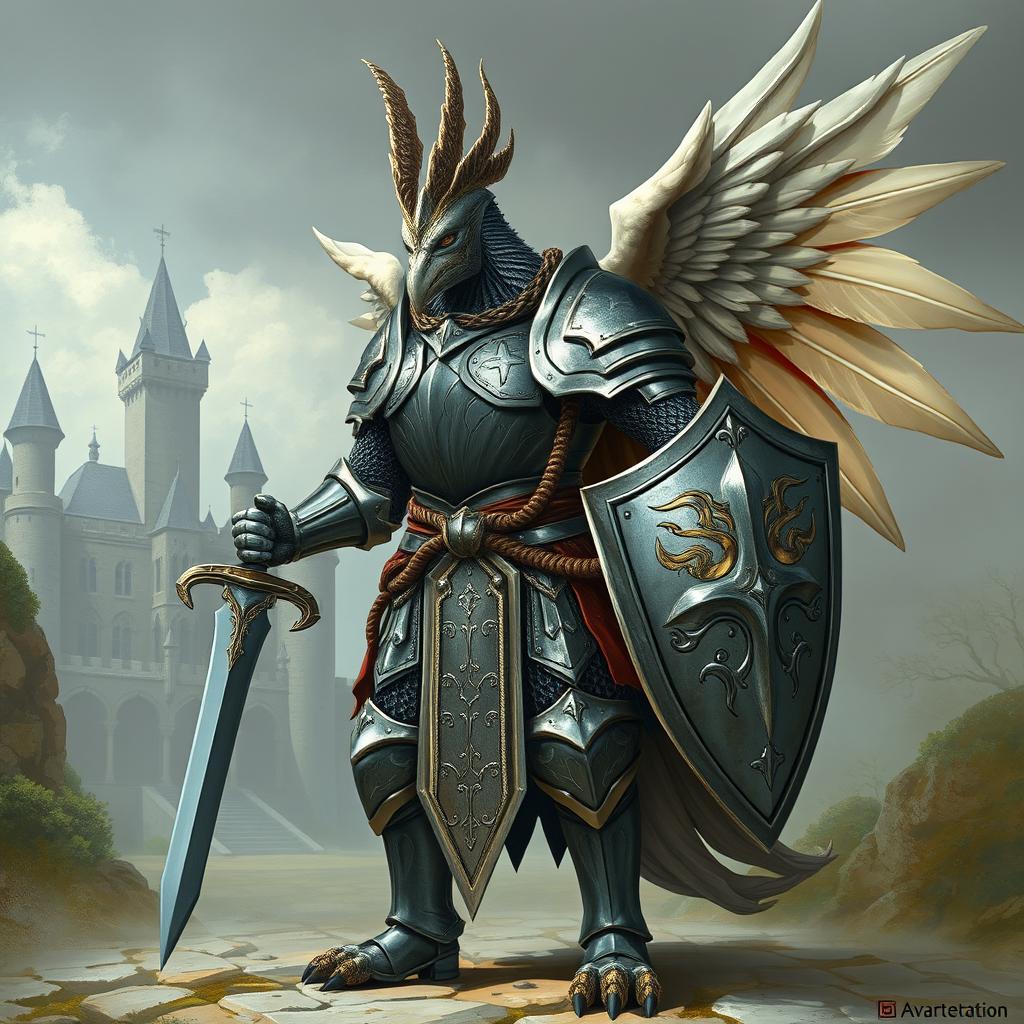 An aarakocra clad in knight armor, wielding a sword and shield