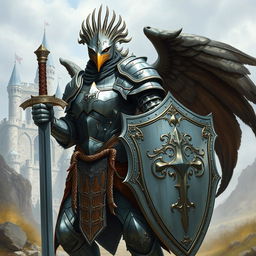 An aarakocra clad in knight armor, wielding a sword and shield