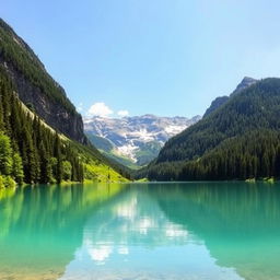 A beautiful landscape featuring a serene lake surrounded by lush green trees and mountains in the background under a clear blue sky