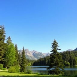 A beautiful landscape featuring a serene lake surrounded by lush green trees and mountains in the background under a clear blue sky