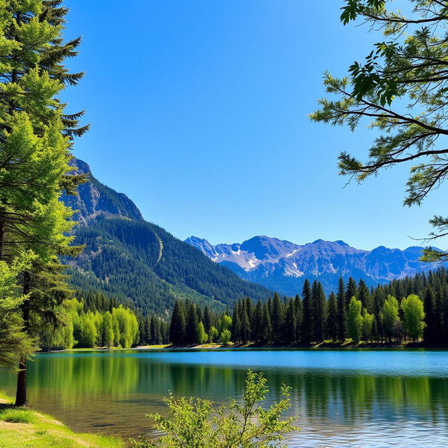 A beautiful landscape featuring a serene lake surrounded by lush green trees and mountains in the background under a clear blue sky