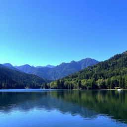 A beautiful landscape featuring a serene lake surrounded by lush green trees and mountains in the background under a clear blue sky