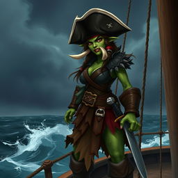 A fierce female half orc pirate standing on the deck of a pirate ship, with a rugged and determined expression