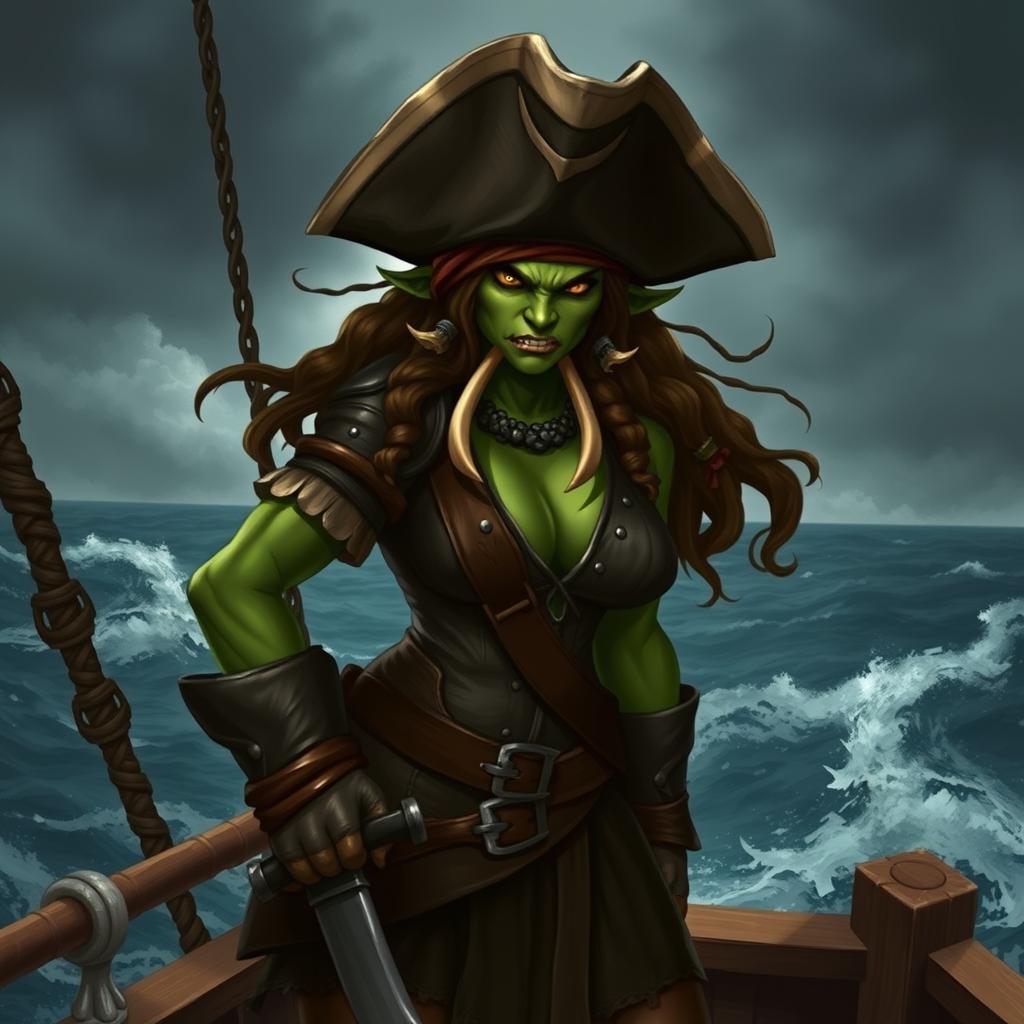 A fierce female half orc pirate standing on the deck of a pirate ship, with a rugged and determined expression