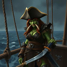 A fierce female half orc pirate standing on the deck of a pirate ship, with a rugged and determined expression