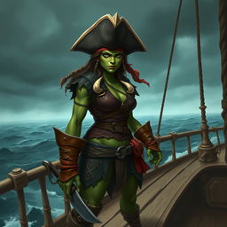 A fierce female half orc pirate standing on the deck of a pirate ship, with a rugged and determined expression