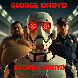 A robotic George Floyd looks forward with red glowing eyes