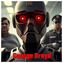 A robotic George Floyd looks forward with red glowing eyes