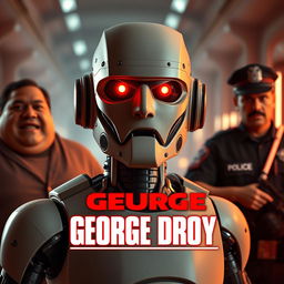 A robotic George Floyd looks forward with red glowing eyes